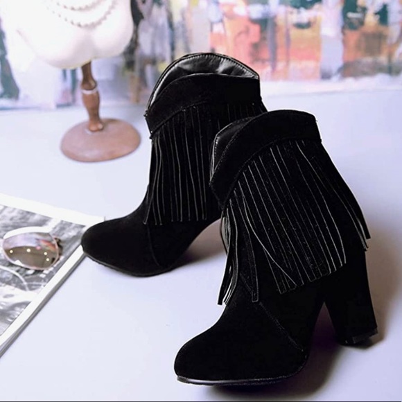 Black Fringe Block Heel Booties. - Picture 8 of 8